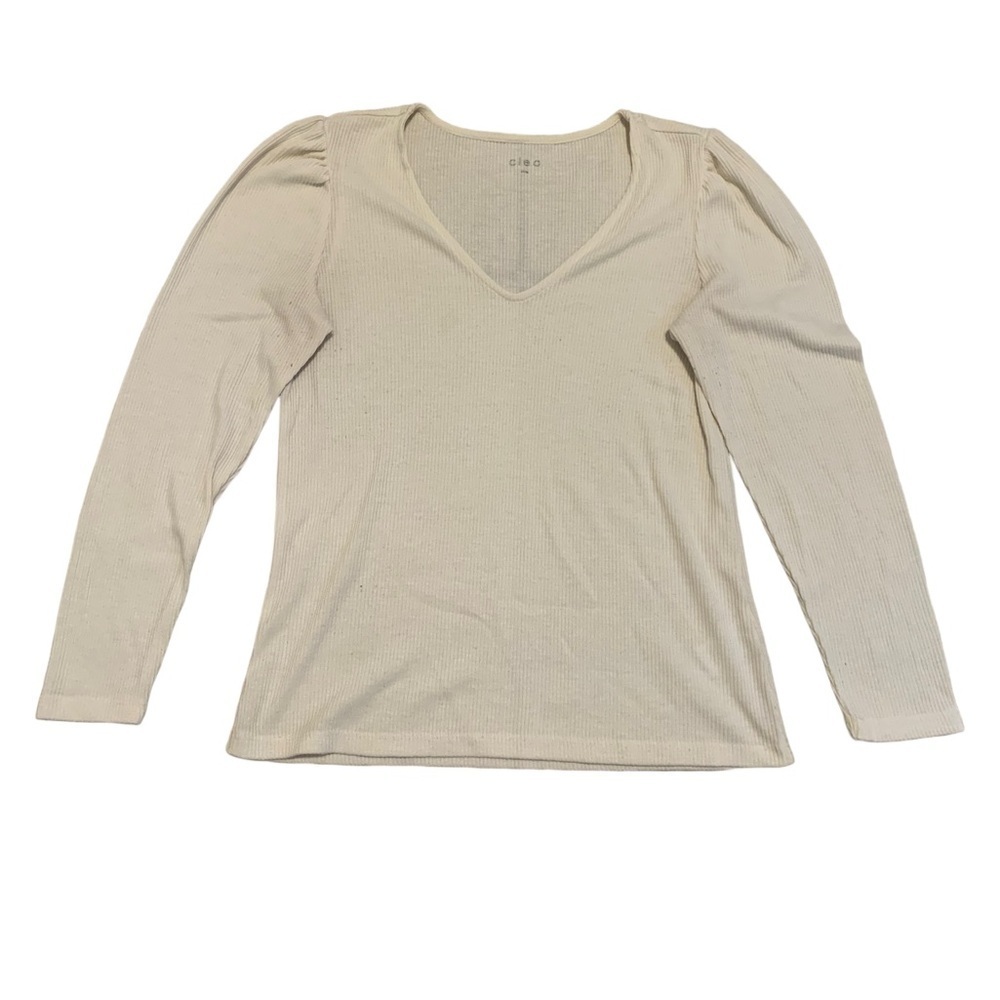 Cleo White Ribbed V-Neck Long Sleeve Top - Size Medium
